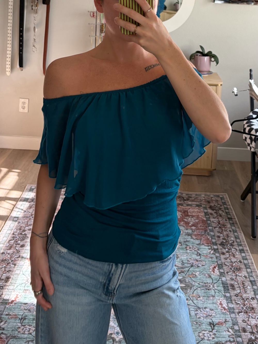 Discreet Y2K Teal Off Shoulder Chiffon Ruffle Top L